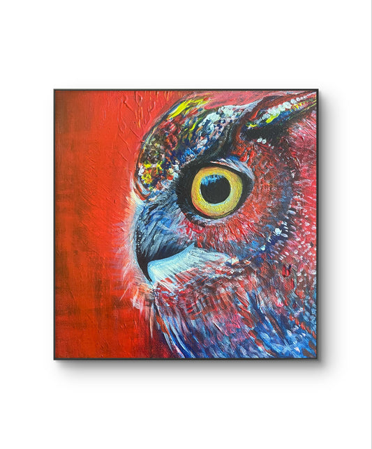 CRIMSON GAZE OWL - Custom Painting 8x8” / 20x20cm - Original Painting